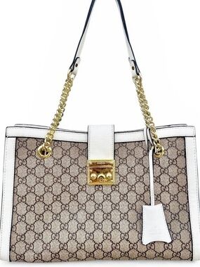 GUCCI GG Canvas Padlock Chain Tote – Ivory Leather Trim & Gold Hardware